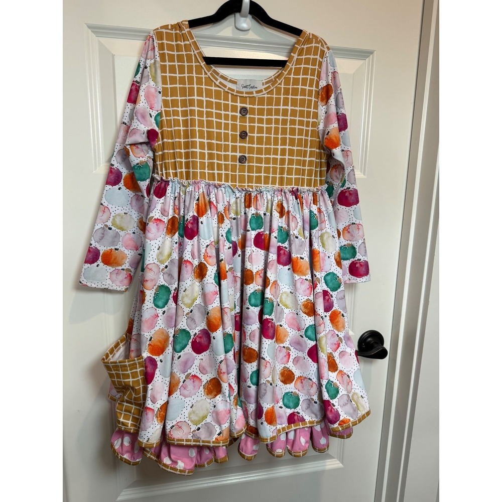 6.Sweet Caroline Girls Mustard Yellow Grid Pumpkin Ruffle Dress Size 10/12 Fall